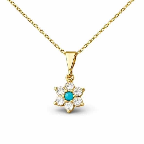 Gümüş Mavi Taşlı Gold Çiçek Kadın Kolye ürün görseli 1
