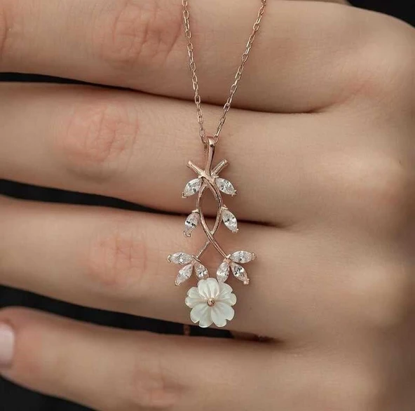 Gümüş Rose Beyaz Bahar Çiçeği Kolye - Resim 4