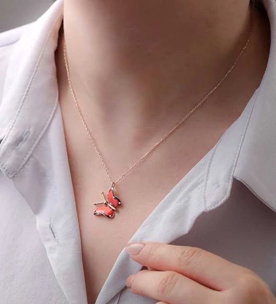 Gümüş Rose Kırmızı Kelebek Kolye - Resim 3