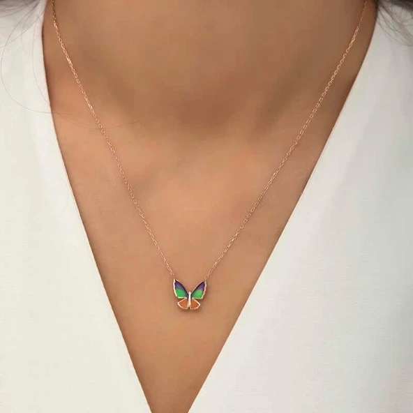 Gümüş Rose Minimal Kelebek Bayan Kolye - Resim 3