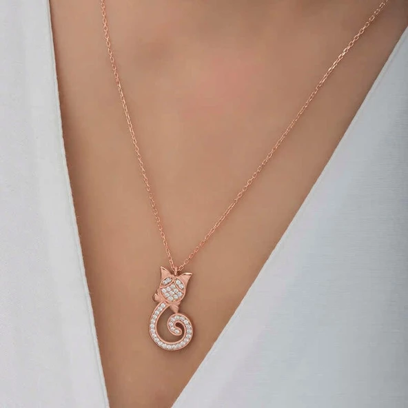 Gümüş Rose Kedi Kadın Kolye - Resim 3