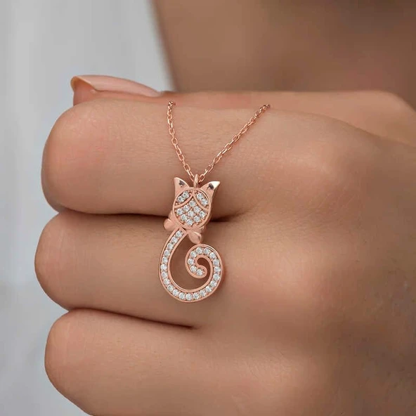 Gümüş Rose Kedi Kadın Kolye - Resim 5