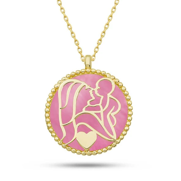Gümüş Gold Pembe Sedef Taşlı Anne Çocuk Sevgisi Kolye ürün görseli 1