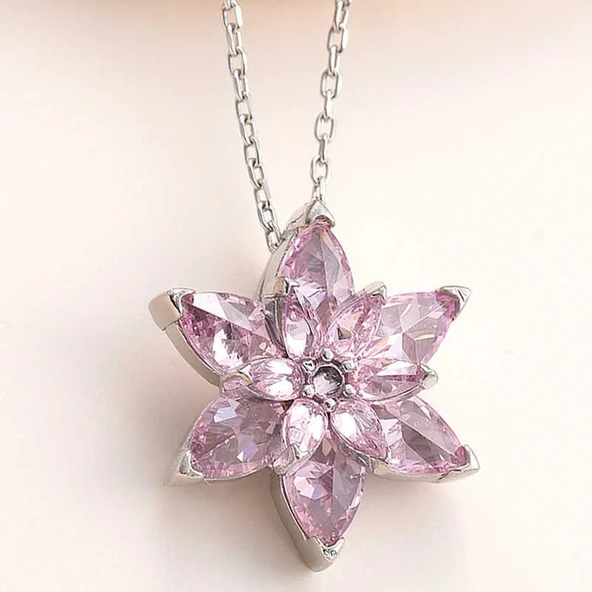 Gümüş Pembe Lotus Çiçeği Kolye ürün görseli 1