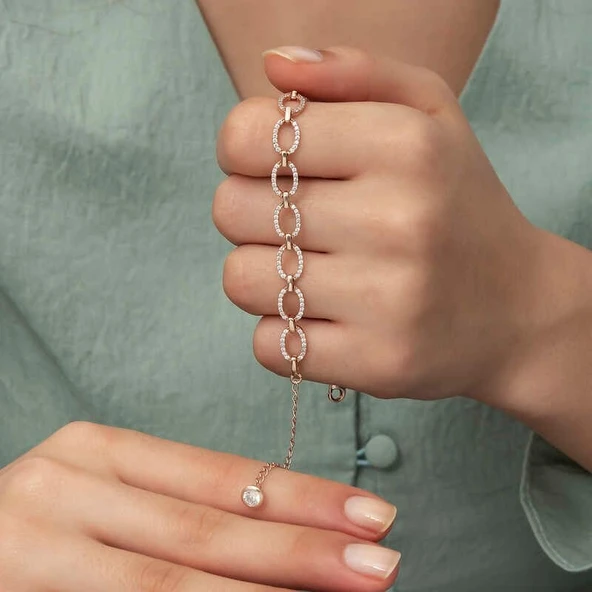 Gümüş Rose Oval Taşlı Bayan Bileklik - Resim 4