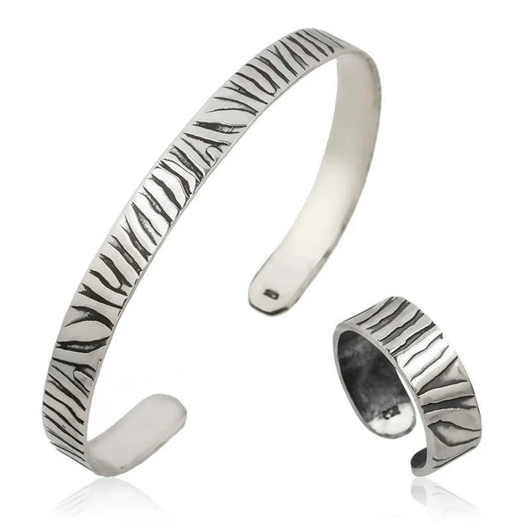 Gümüş Zebra Desenli Bileklik Ve Yüzük Set ürün görseli 1