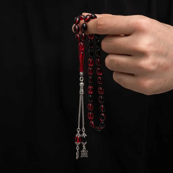 Gümüş Püskül Sıkma Kehribar Tesbih - Resim 4