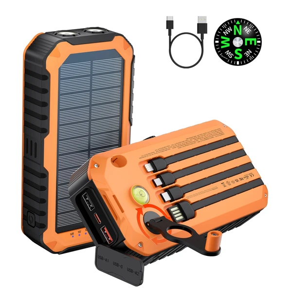 20000 mAh Solar Powerbank - El Kranklı, Dahili Kablolu Taşınabilir Su geçirmez POWERBANK ürün görseli 1