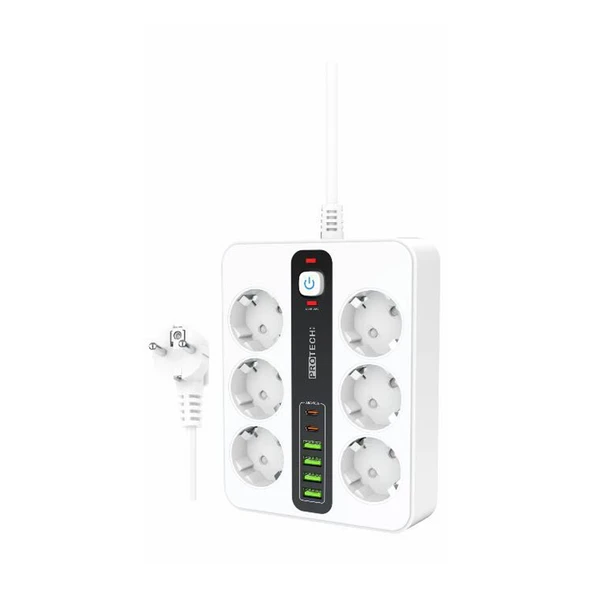 3000W Akım Korumalı 4 USB'li ve 2 TYPE-C li 6'lı Grup Priz 2 m Uzatma Kablosu Beyaz ürün görseli 1