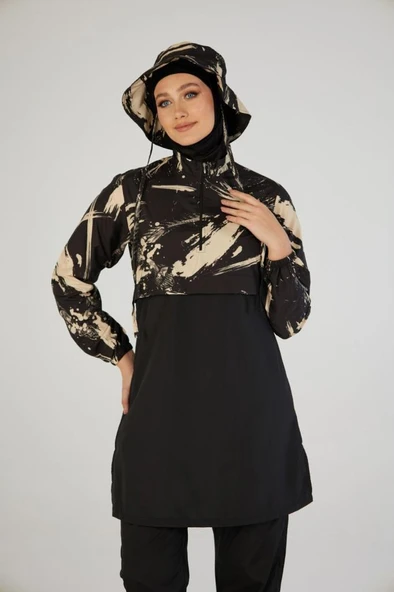 Estiva 26973 Siyah  Brushstroke Tam Kapalı Croplu Şapkalı Pantolonlu Tesettür Mayo ürün görseli 1