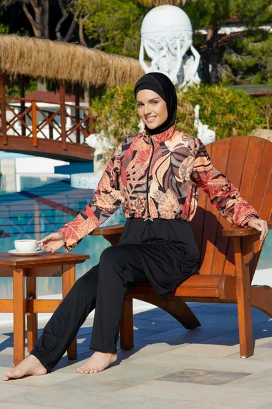 Estiva 26971 Siyah Leafy Tam Kapalı Croplu Pantolonlu Tesettür Mayo ürün görseli 1