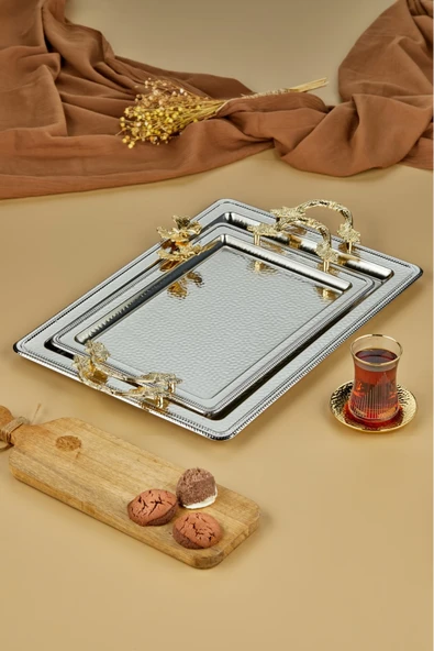 Cooker 2'li Kelebekli Metal Dikdörtgen Sunum Tepsisi 50x32 cm ve 42x26 cm ürün görseli 1
