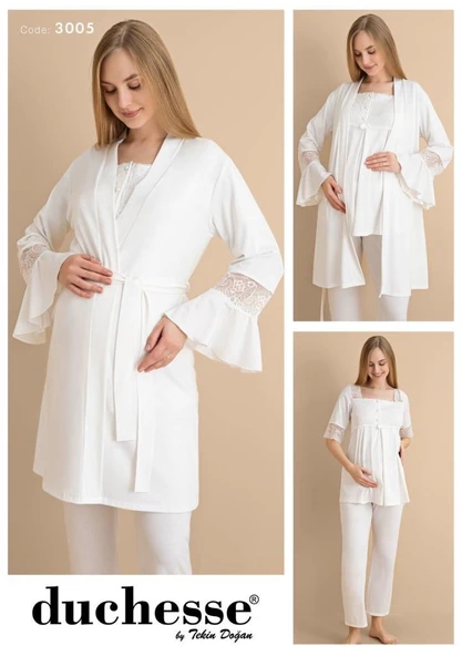Duchesse 3005 Ekru 3 Lü Hamile Lohusa Pijama Sabahlık Tk ürün görseli 1