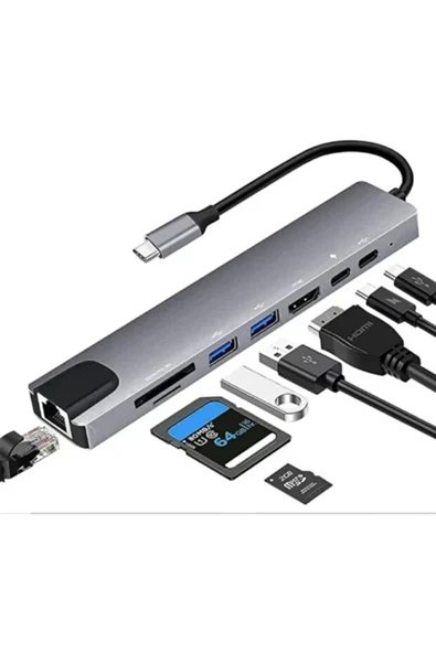 Type-C 8 in 1 Hub Çoklayıcı Adaptör 4K HDMI, Ethernet RJ45, USB 3.0, 87W PD Şarj ürün görseli 1