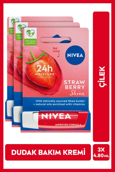 NIVEA Dudak Bakım Kremi Ve Dudak Parlatıcı 4.8gr, Çilek Kokusu, 24 Saat Nem, Hafif Kırmızı Işıltı, X3 Adet ürün görseli 1