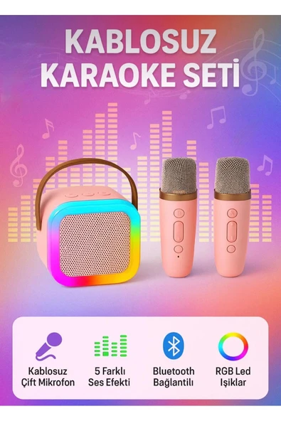 gunkes Çift Karaoke Mikrofonlu Kablosuz Bluetooth Hoparlör 5 Ses Efektli Rgb Hd Stereo Ses Usb/Sd/FM ürün görseli 1