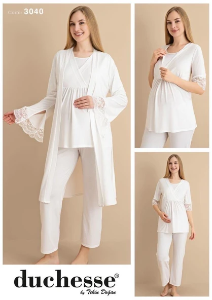 Duchesse 3040 Ekru 3 Lü Hamile Lohusa Pijama Sabahlık Tk ürün görseli 1