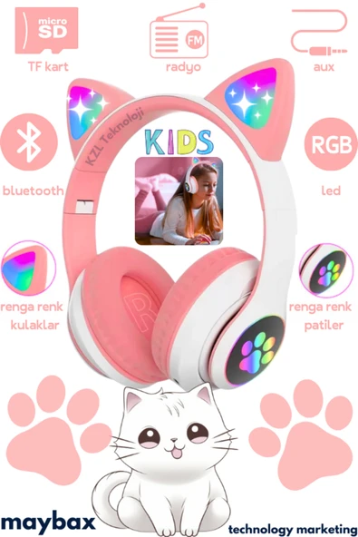 10numara P68 Pembe Kablosuz Bluetooth Kulaklık Led Işıklı Mikrofonlu Kedili Kulaklık ürün görseli 1