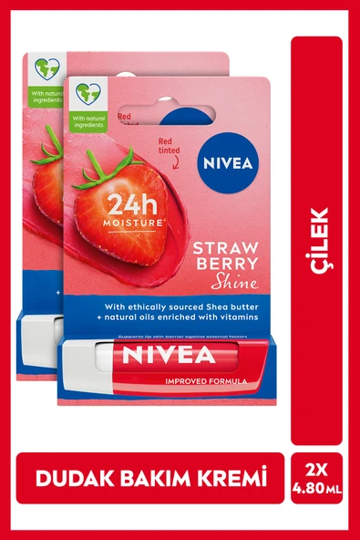 NIVEA Dudak Bakım Kremi Ve Dudak Parlatıcı 4.8gr, Çilek Kokusu, Nemlendirici, Hafif Kırmızı Işıltı, X2Adet ürün görseli 1