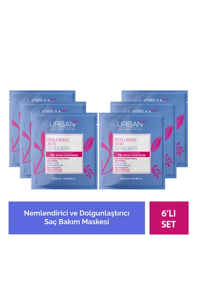 Urban Care Hyaluronik Asit & Kolajen Kuru ve Cansız Saçlara Özel Duş Öncesi Saç Bakım Maskesi 6x50ml-vegan ürün görseli 1