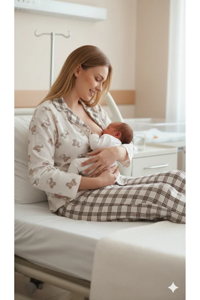 Hamile Annelerimize, Ameliyat Öncesi ve Sonrası Sevimli Ayıcıklı Pijama Takımımız Önü Full Düğmeli ürün görseli 1