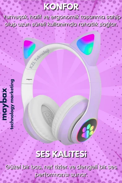 10numara Kablosuz Bluetooth Kulaklık Led Işıklı Mikrofonlu Kedili Kulaklık Bt5.0 ürün görseli 1