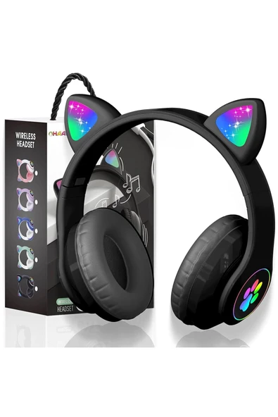 gnctech Siyah Stn28 Kablosuz Bluetooth 5.0 Led Işıklı Kedili Şık Kulaklık Hediye Fm ürün görseli 1