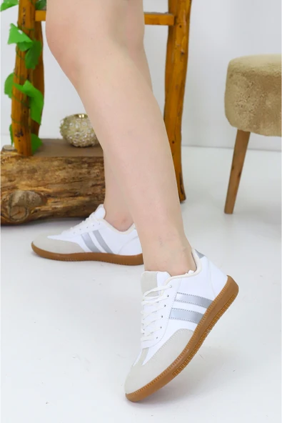 Beyaz Gri Kadın Günlük Spor Ayakkabı Bağcıklı Rahat Tabanlı Sneaker ürün görseli 1