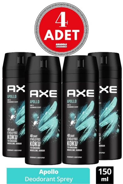 Axe Erkek Sprey Deodorant Apollo 48 Saat Etkileyici Koku 150 ml 4 ADET ürün görseli 1
