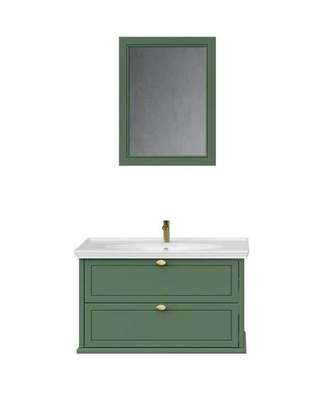 Antik İki Çekmeceli 100 Cm Zeytuni Lavabo Dolabı İkili Set ürün görseli 1