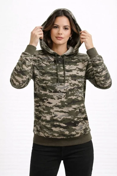 Kadın Kamuflaj Desenli 2 İplik 4 Mevsim Kapüşonlu Kanguru Cepli Hoodie Sweatshirt - Kamuflaj ürün görseli 1