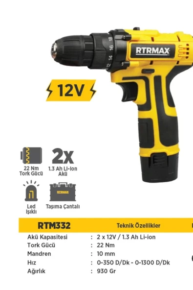 Rtrmax Rtm332 Sarjlı Matkap Lı-on 12v/1,5a Çıft Akülü ürün görseli 1