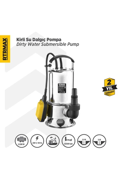 Rtrmax Rtm840 1100 Watt 11 Mt Kirli Su Paslanmaz Dalgıç Pompa ürün görseli 1