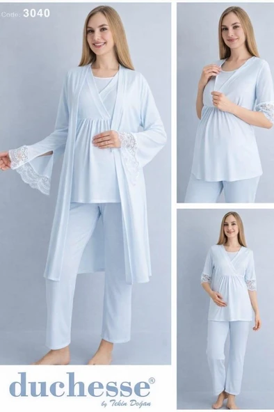 Duchesse 3040 Mavi 3 Lü Hamile Lohusa Pijama Sabahlık Tk ürün görseli 1