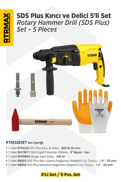 Rtrmax RTM226SET Sds Plus Kırıcı ve Delici 5'li Set - Eldiven-Çekiç-Uç Tutucu ürün görseli 1