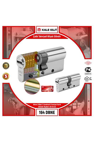 Kale Kilit Çelik Takviyeli Bilyalı Silindir | 164 DBNE | 68 mm | Nikel | 5 Anahtarlı | Emniyet Kartlı ürün görseli 1