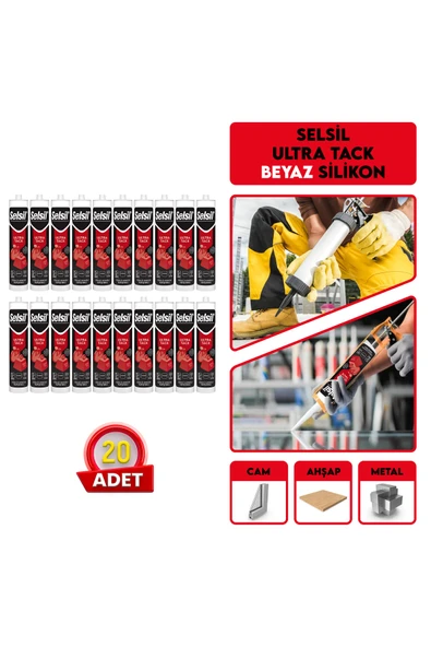Selsil Ultra Tack (300 Kg Dayanıklı) Beyaz Silikon | 20 Adet + Sert Plastik Silikon Tabancası ürün görseli 1