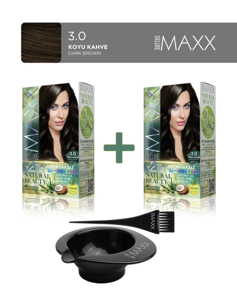 Maxx Deluxe 2'li Natural Beauty Amonyaksız Set Saç Boyası 3.0 Koyu Kahve, Boya Tası ve Fırça Hediye! ürün görseli 1