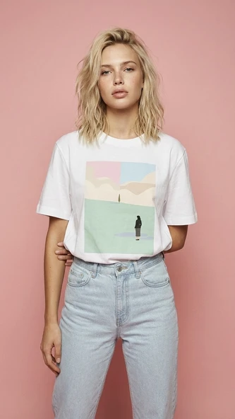Kadın Oversize Baskılı Minimal Sanat Desenli Beyaz Tişört ürün görseli 1