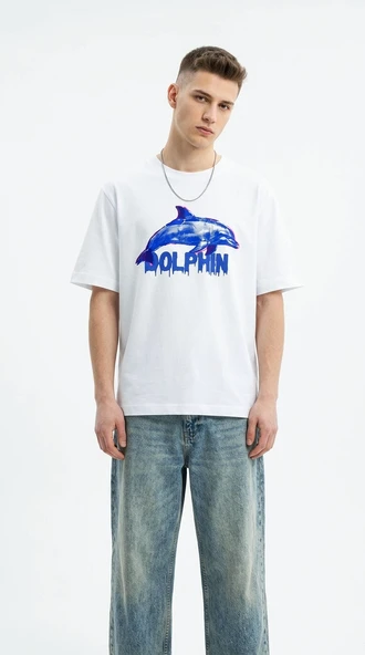 Erkek Beyaz Dolphin Baskılı Bisiklet Yaka Kısa Kollu Oversize Tişört ürün görseli 1