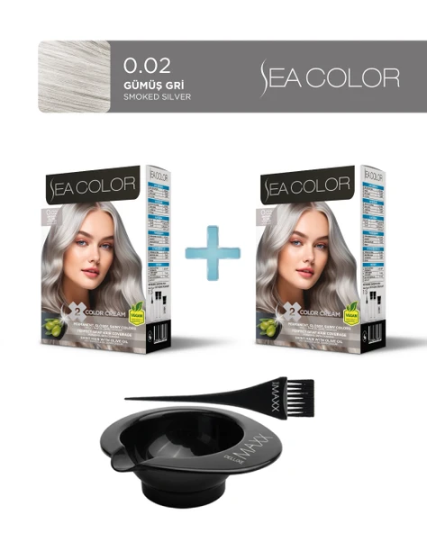 Sea Color 2'li Paket Set Saç Boyası 0.02 Gümüş gri, Boya Tası ve Fırça Hediye! ürün görseli 1