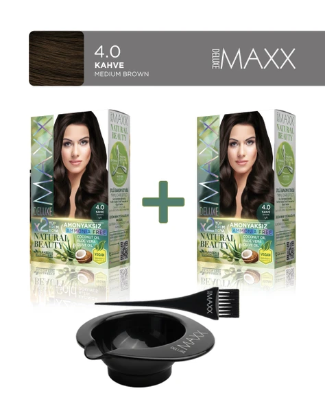 Maxx Deluxe 2'li Natural Beauty Amonyaksız Set Saç Boyası 4.0 Kahve, Boya Tası ve Fırça Hediye! ürün görseli 1