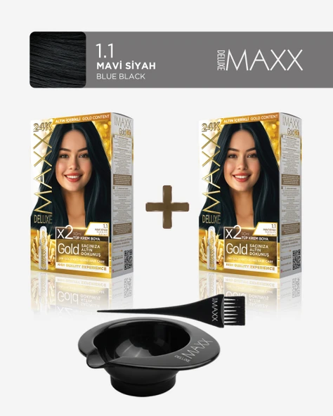 Maxx Deluxe 2'li Paket Golden Beauty Set Saç Boyası 1.1 Mavi Siyah, Boya Tası ve Fırça Hediye! ürün görseli 1