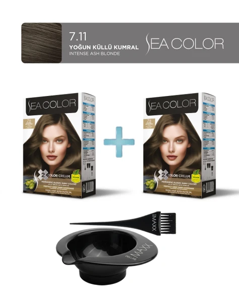 Sea Color 2'li Paket Set Saç Boyası 7.11 Yoğun Küllü Kumral, Boya Tası ve Fırça Hediye! ürün görseli 1