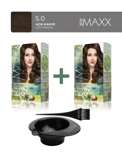 Maxx Deluxe 2'li Natural Beauty Amonyaksız Set Saç Boyası 5.0 Açık Kahve, Boya Tası ve Fırça Hediye! ürün görseli 1