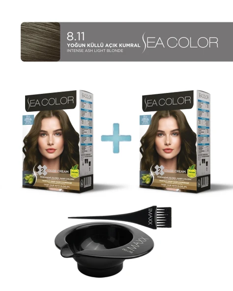 Sea Color 2'li Paket Set Saç Boyası 8.11 Yoğun Küllü Açık Kumral, Boya Tası ve Fırça Hediye! ürün görseli 1