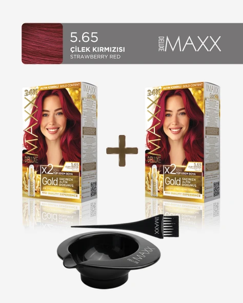 Maxx Deluxe 2'li Paket Golden Beauty Set Saç Boyası 5.65 Çilek Kırmızısı, Boya Tası ve Fırça Hediye! ürün görseli 1
