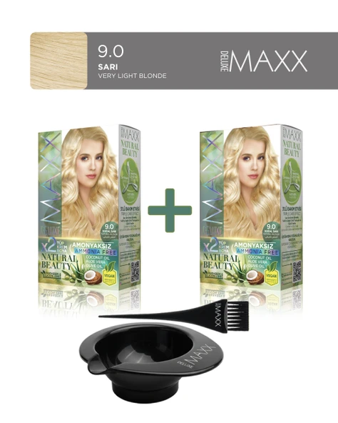 Maxx Deluxe 2'li Natural Beauty Amonyaksız Set Saç Boyası 9.0 Doğal Sarı, Boya Tası, Fırça Hediye! ürün görseli 1