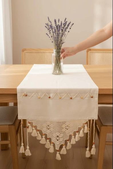 Dantel İşlemeli Boncuklu Runner 50x130 cm - Resim 7