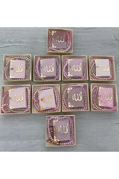 10 lu hediyelik dağıtmalık püsküllü mini Kuranı kerim ve tesbih seti kutulu açık pembe renk ürün görseli 1